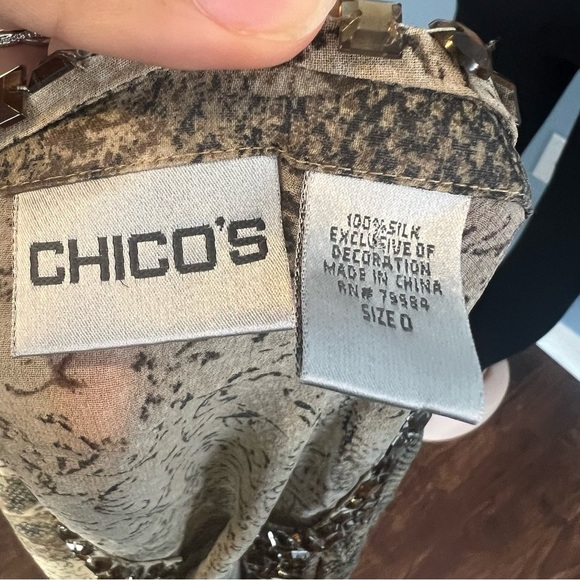 Chico’s 100% Silk Floral Sheer Jeweled Neckline Blouse Brown - Picture 10 of 10